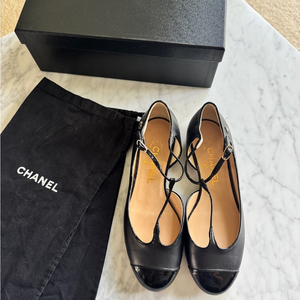 CHANEL Black T-Strap Flats